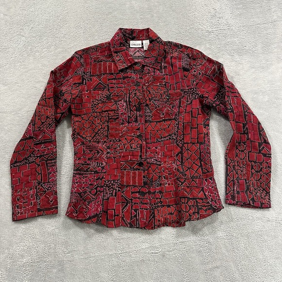 Chico's Shirt Women's 0 Red Button Up Long Sleeve Abstract Print Blouse Artsy - Picture 1 of 6